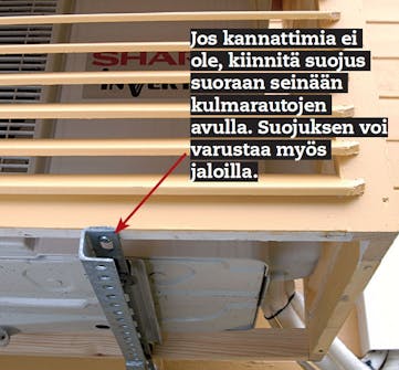 Lämpöpumpun suoja: Suojus kiinnitetään teräskannat-timiin ruostumattomilla ruuveilla. Lämpöpumpun suoja: Suojus kiinnitetään teräskannat-timiin ruostumattomilla ruuveilla.